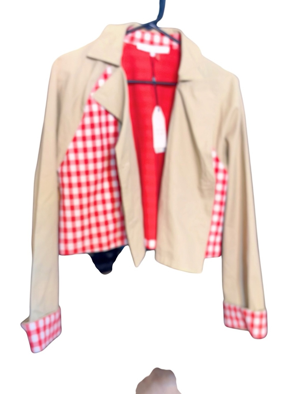 English Factory Beige Cropped Trench with Red Gingham Trim sz M - Picture 11 of 16